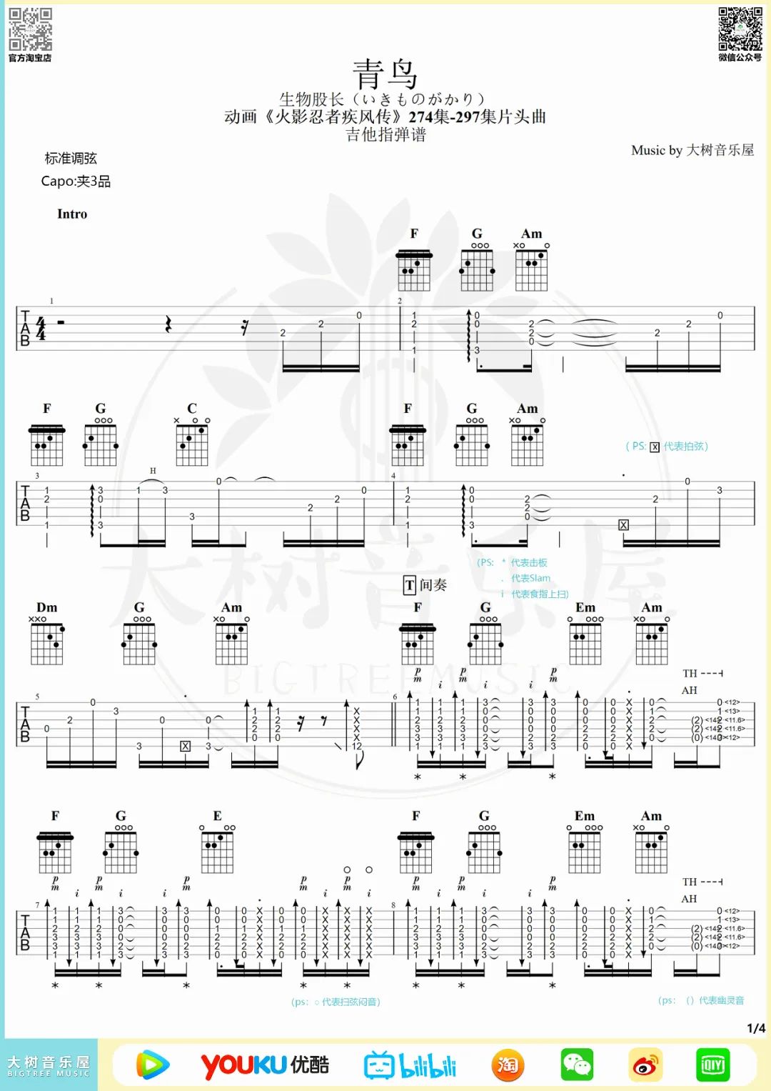 生物股长《青鸟》指弹吉他谱_原版指弹谱_吉他指弹教学-图1