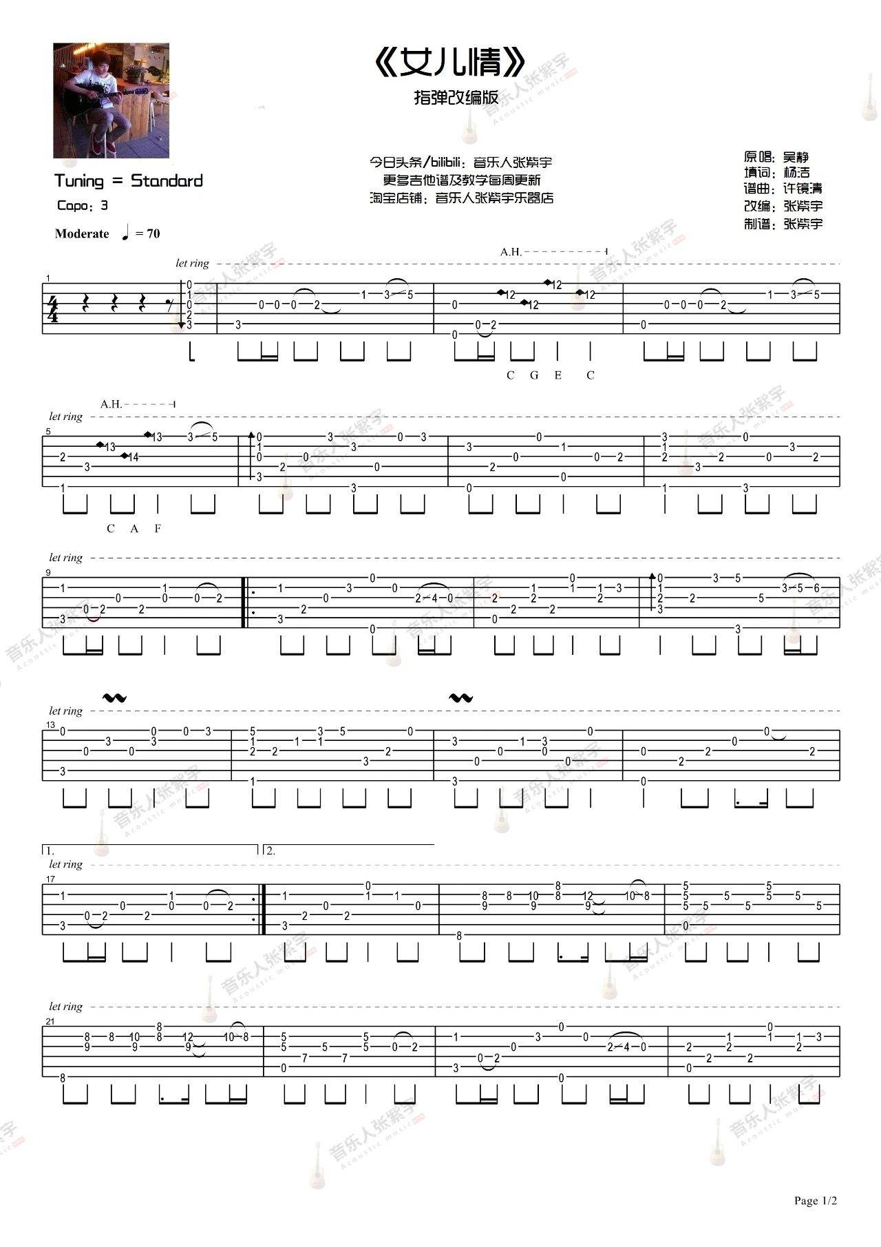 吴静《女儿情》指弹吉他谱_张紫宇版独奏谱_吉他指弹教学-图1