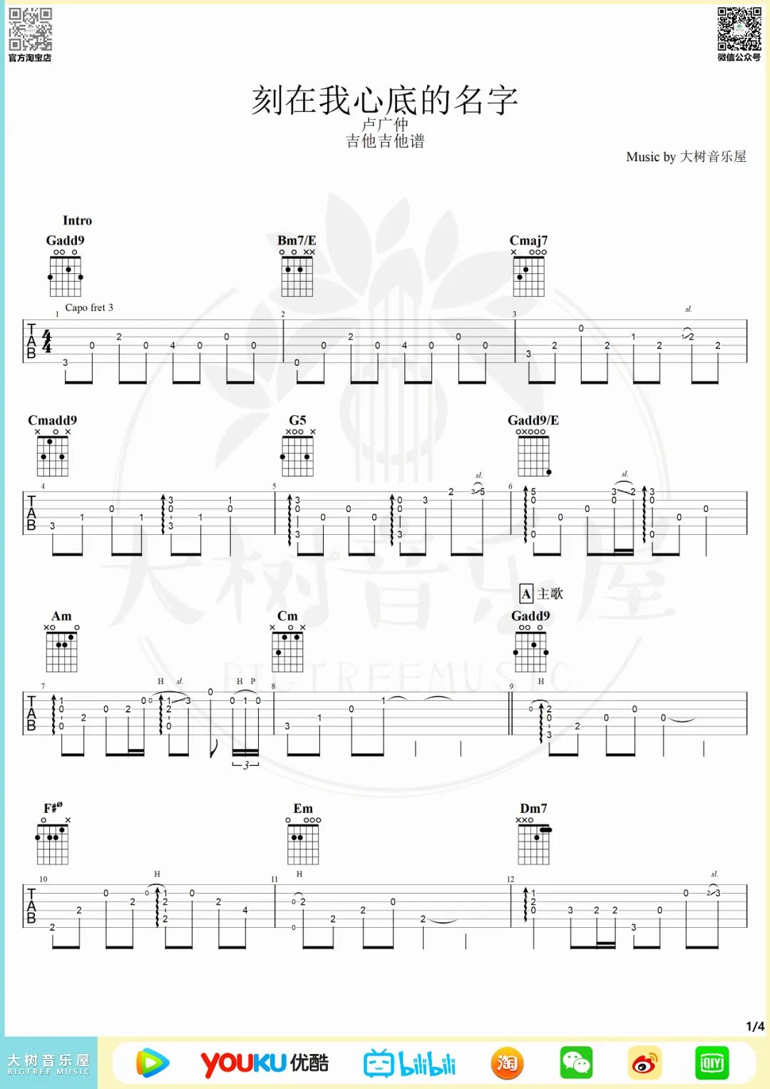 刻在我心底的名字指弹谱_卢广仲_原版指弹谱_吉他指弹教学-图1