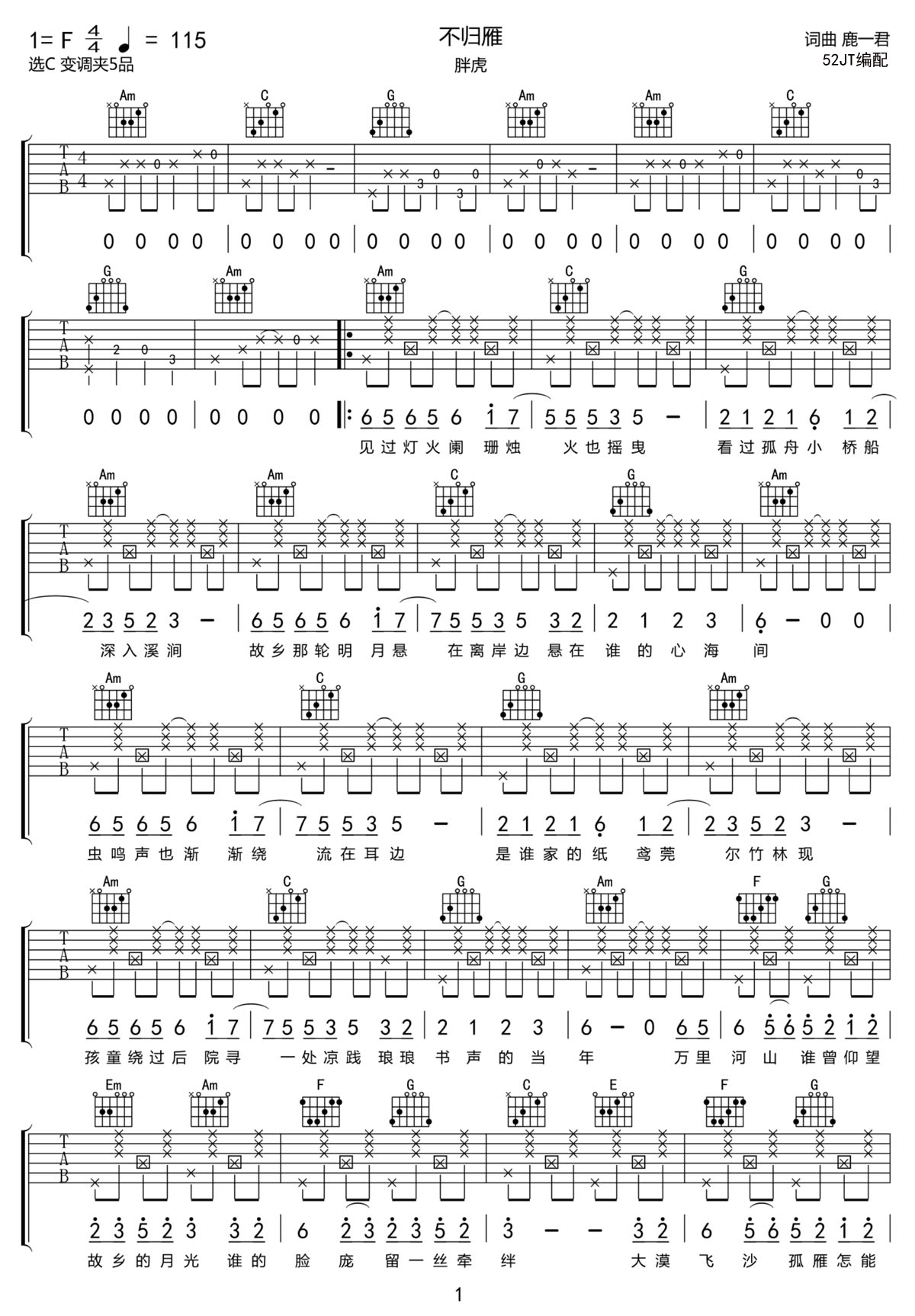 胖虎《不归雁》吉他谱_C调原版弹唱谱-图1