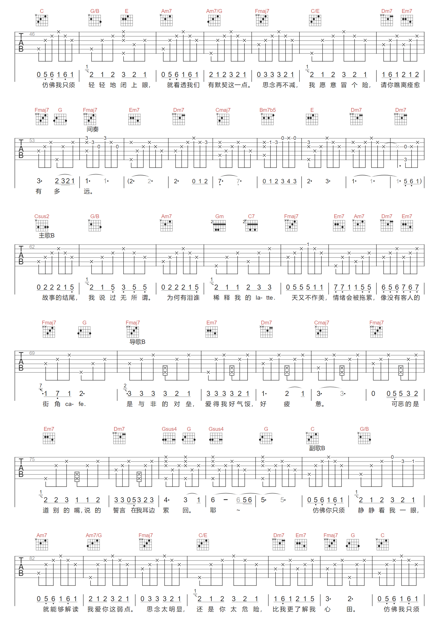 卓文萱《读心术》吉他谱_C调原版弹唱谱-图2