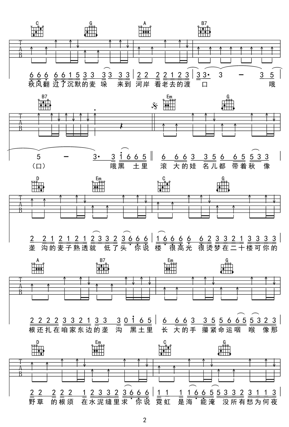陈磐《黑土的乡愁》吉他谱_G调原版弹唱谱-图2