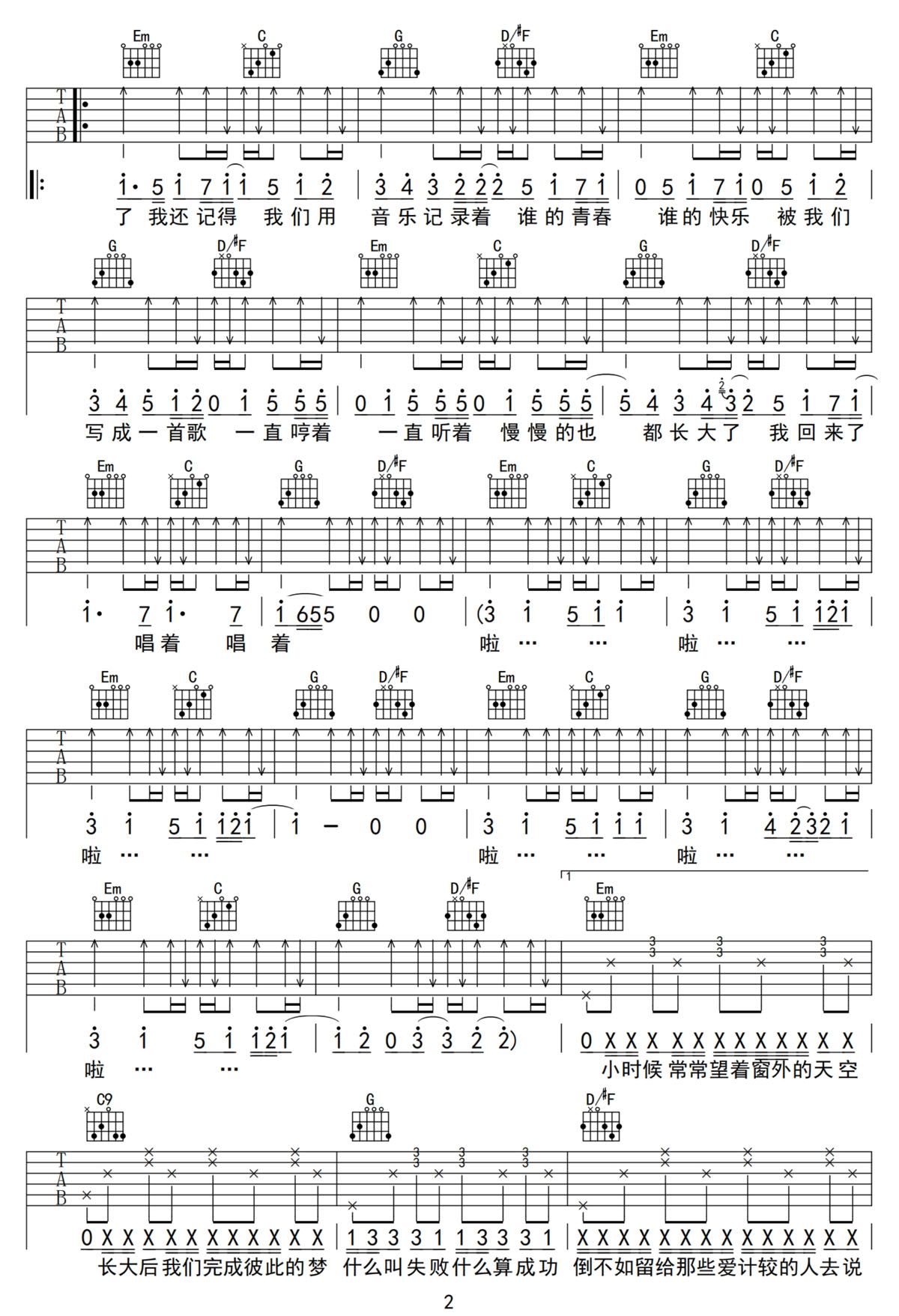 南拳妈妈《我回来了》吉他谱_G调原版弹唱谱-图2