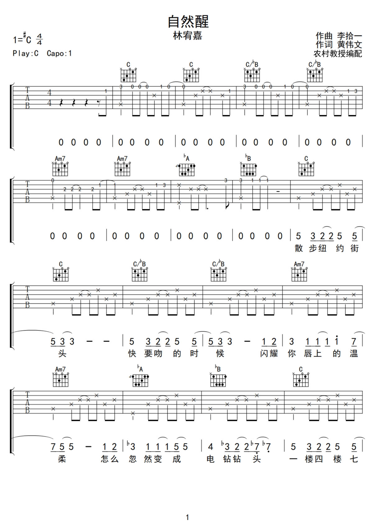 林宥嘉《自然醒》吉他谱_C调原版弹唱谱-图1