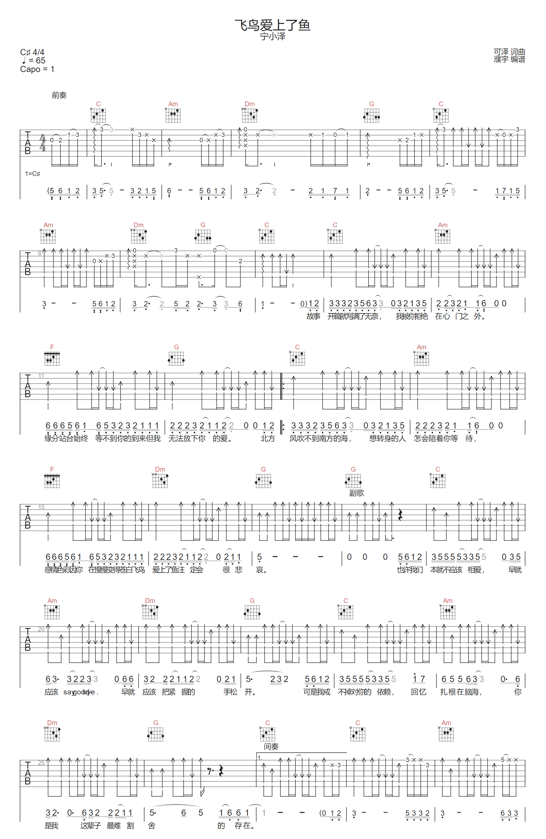 宁小泽《飞鸟爱上了鱼》吉他谱_C调原版弹唱谱-图1