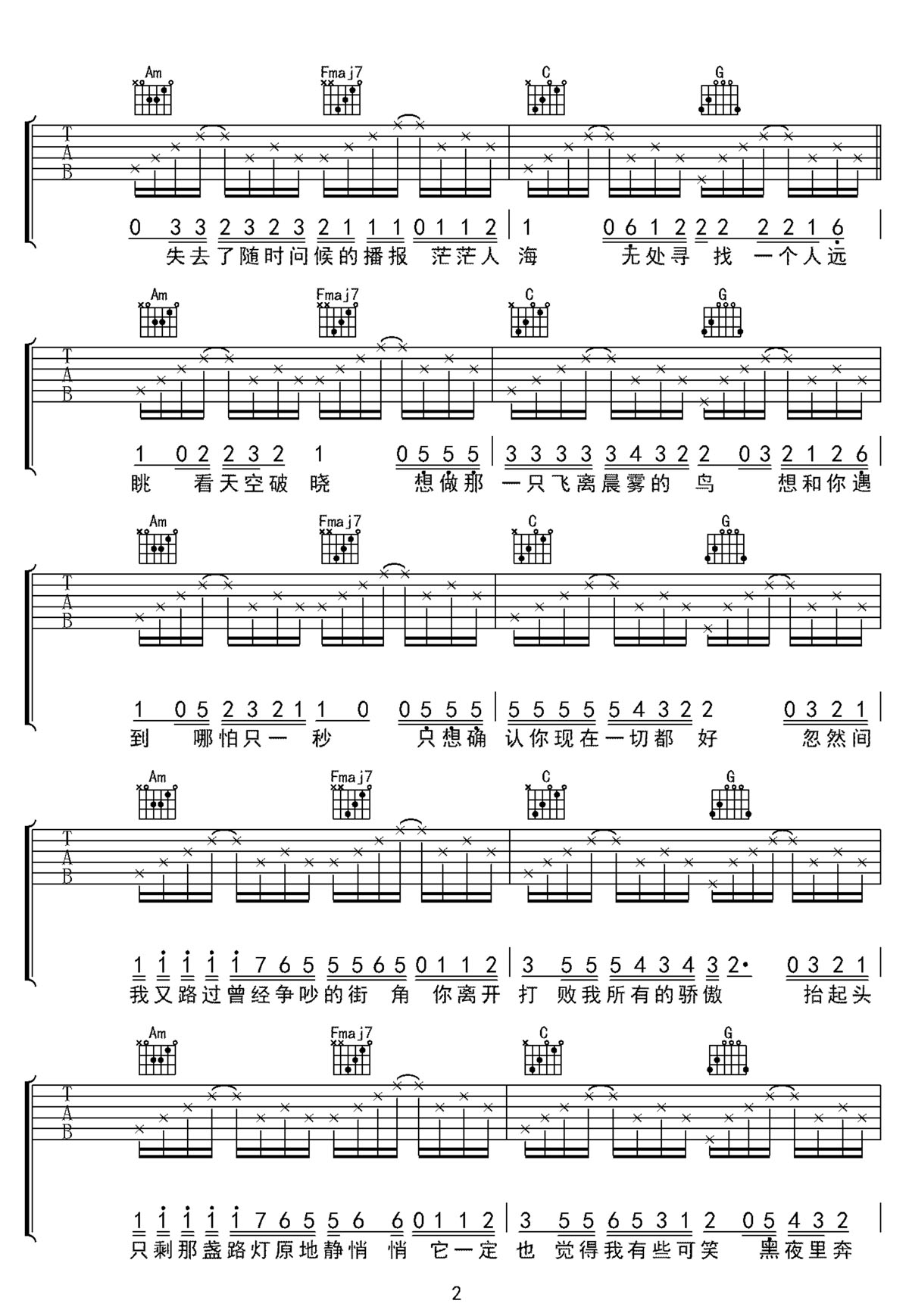 林晨阳《失眠播报》吉他谱_C调原版弹唱谱-图2