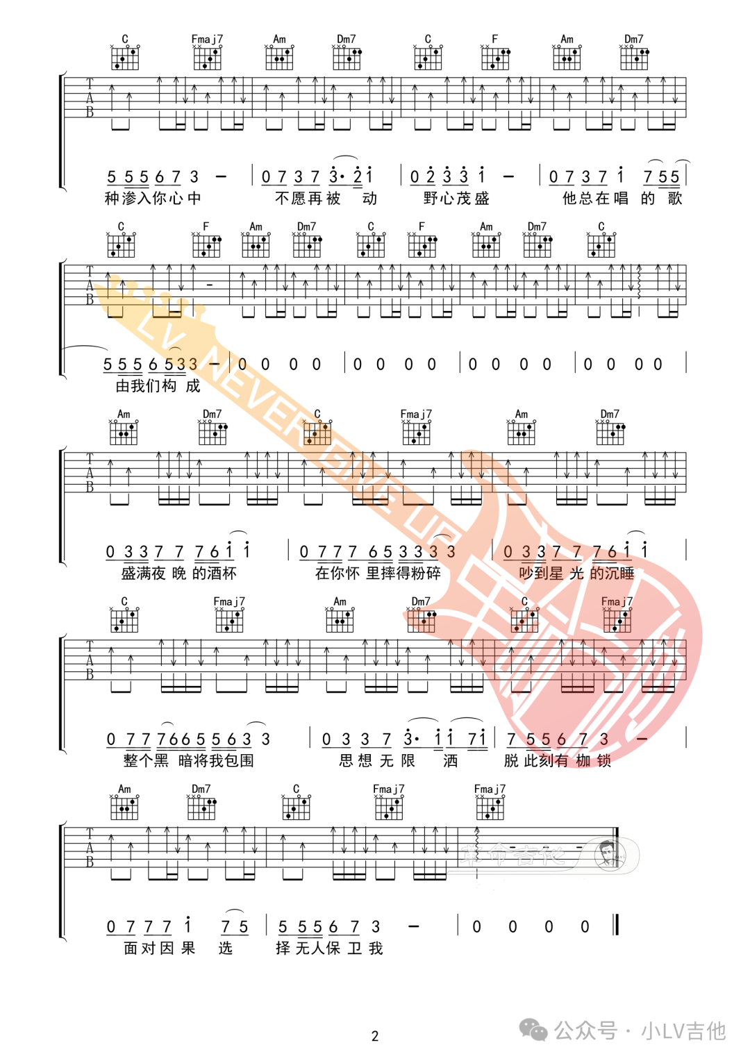 刘森《无人保卫我》吉他谱_C调扫弦版弹唱谱-图2