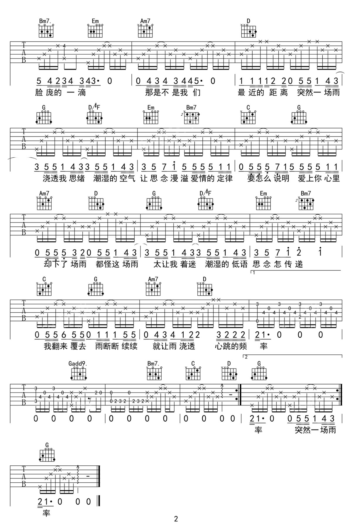 蓝心羽《突然一场雨》吉他谱_G调原版弹唱谱-图2