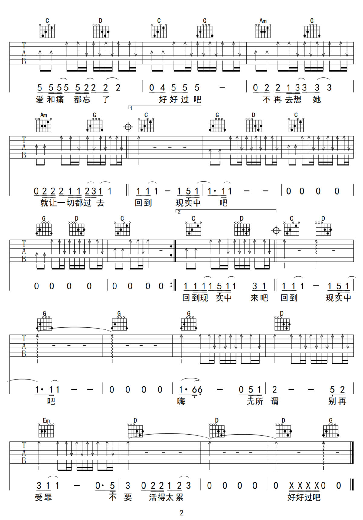 零点乐队《好好过吧》吉他谱_G调扫弦版弹唱谱-图2
