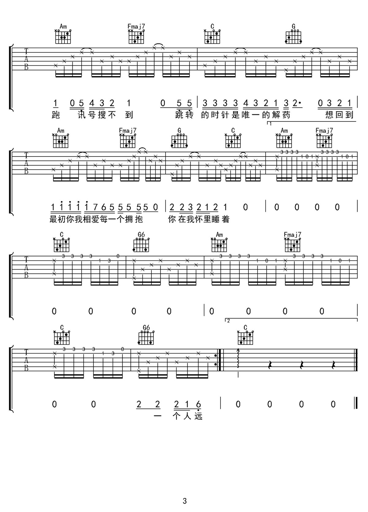 林晨阳《失眠播报》吉他谱_C调原版弹唱谱-图3