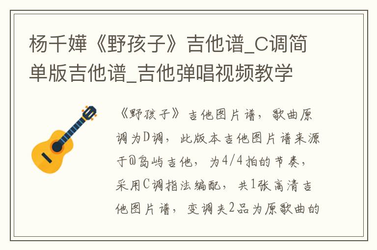杨千嬅《野孩子》吉他谱_C调简单版吉他谱_吉他弹唱视频教学