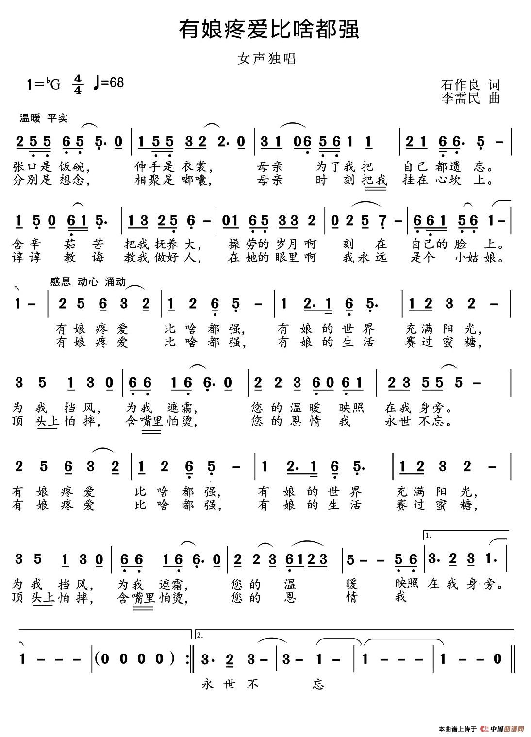 [简谱] 有娘疼爱比啥都强