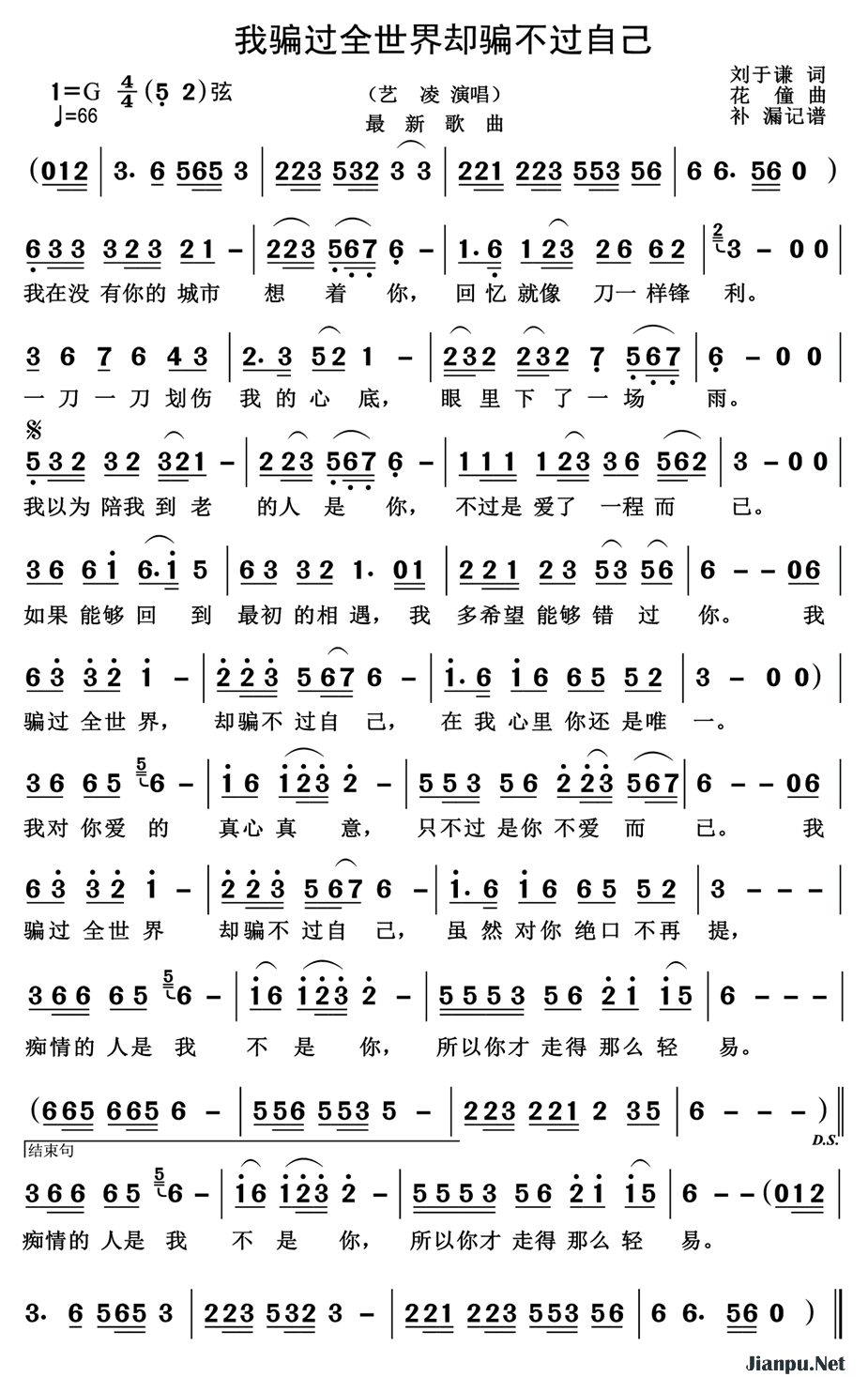 《我骗过全世界却骗不过自己》的简谱 艺凌 