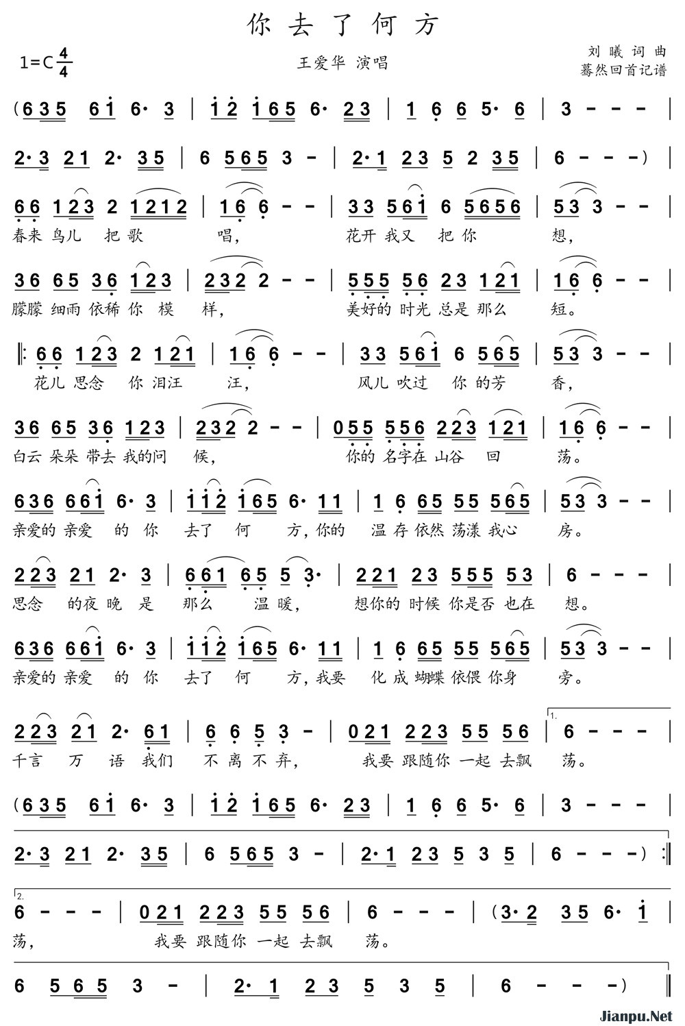 《你去了何方》的简谱 王爱华 