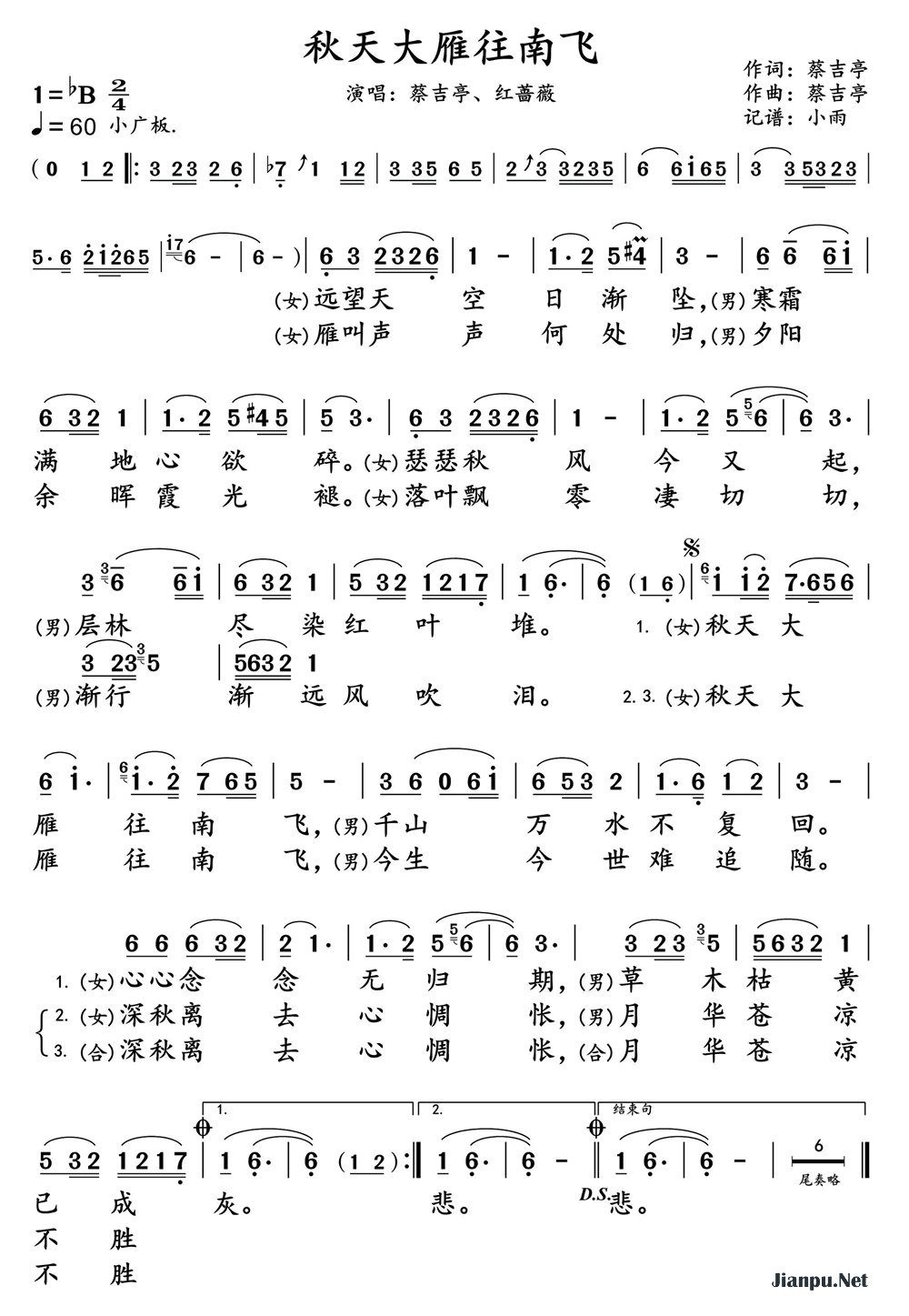 《秋天大雁往南飞》的简谱 蔡吉亭/红蔷薇 
