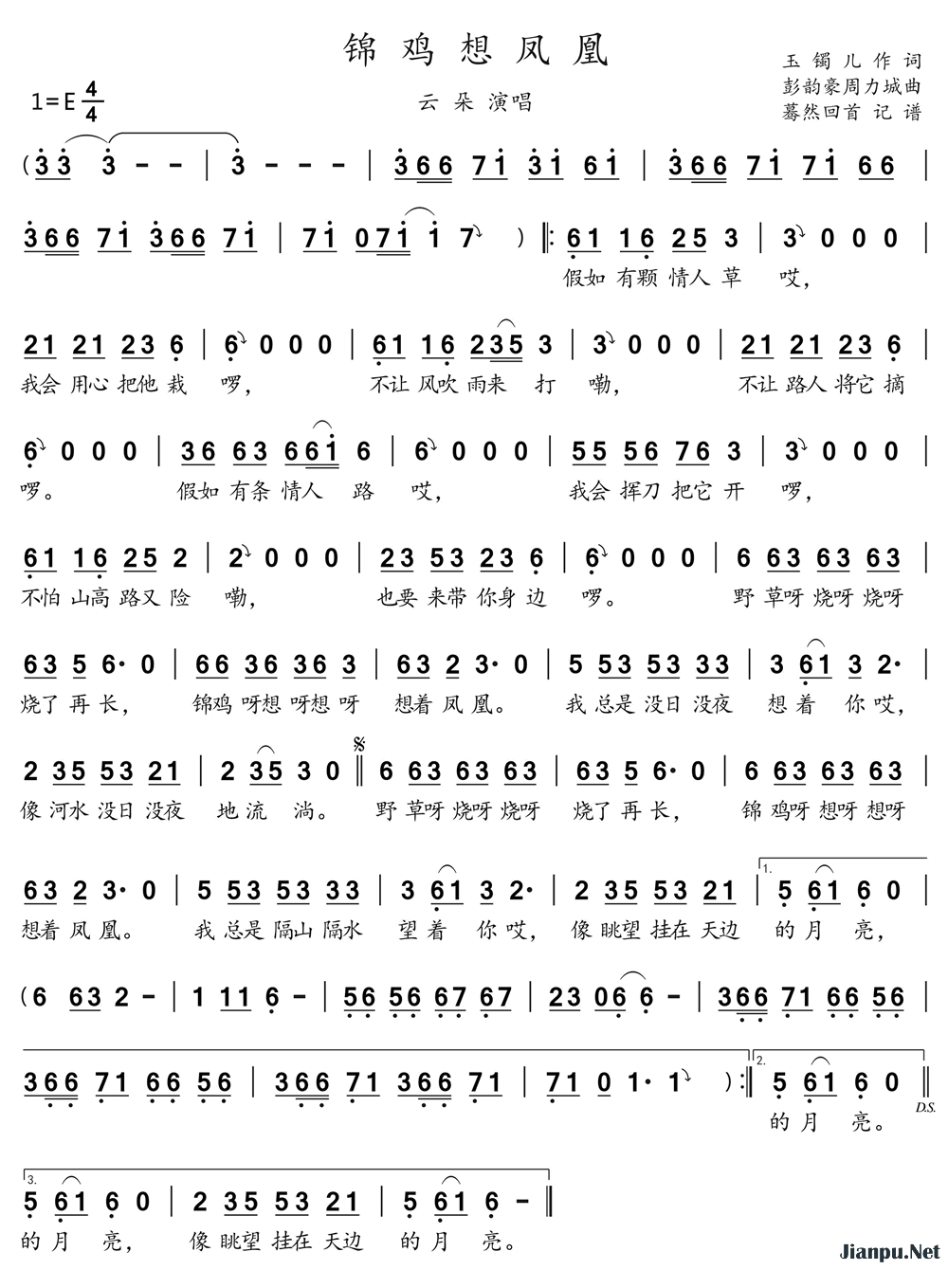 《锦鸡想凤凰》的简谱 云朵 