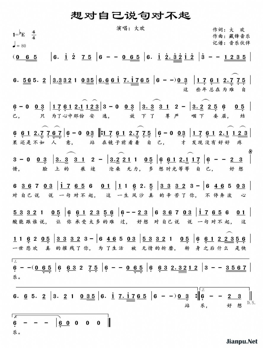 《想对自己说句对不起》的简谱 大欢