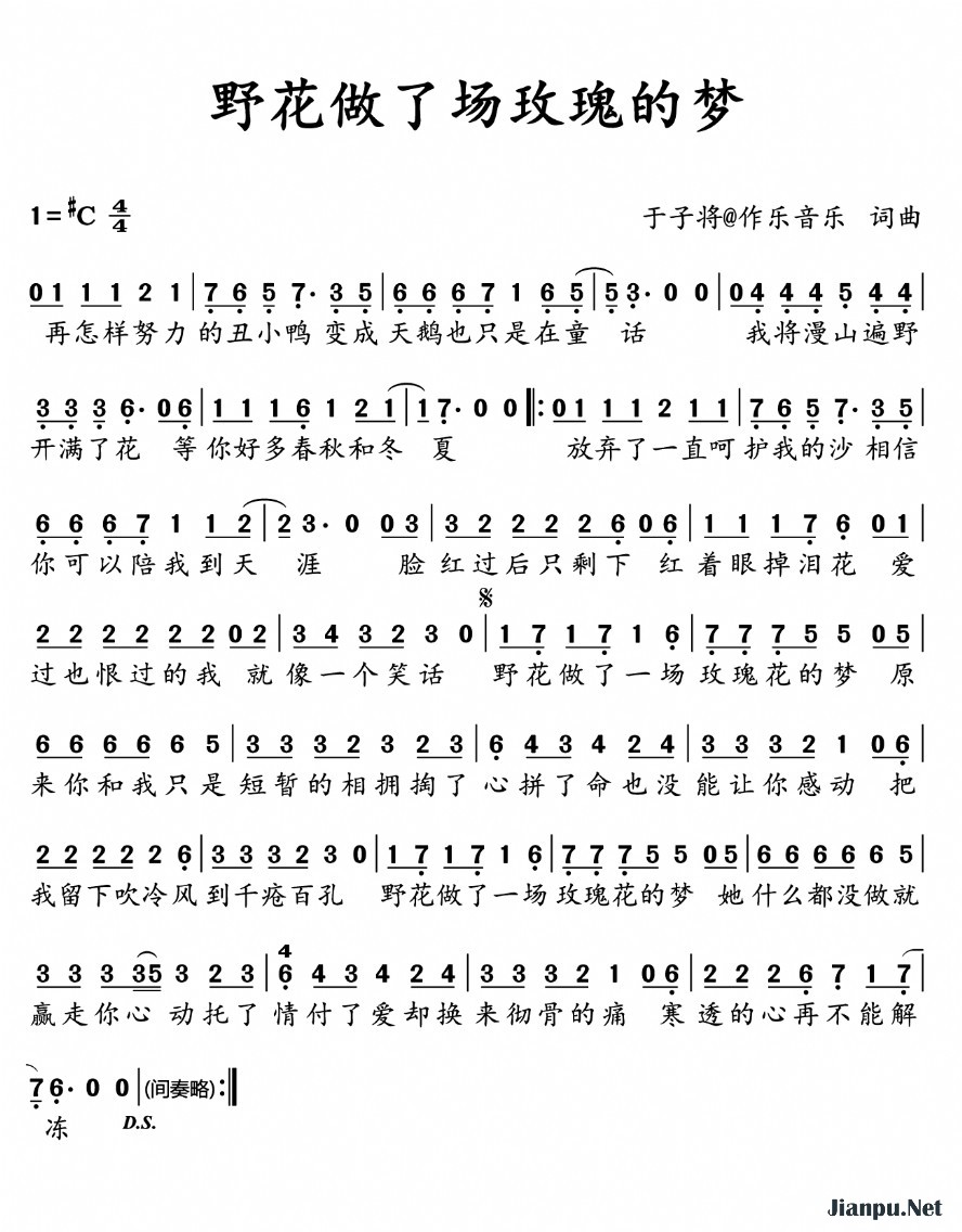 《野花做了场玫瑰花的梦》的简谱 杨友友 