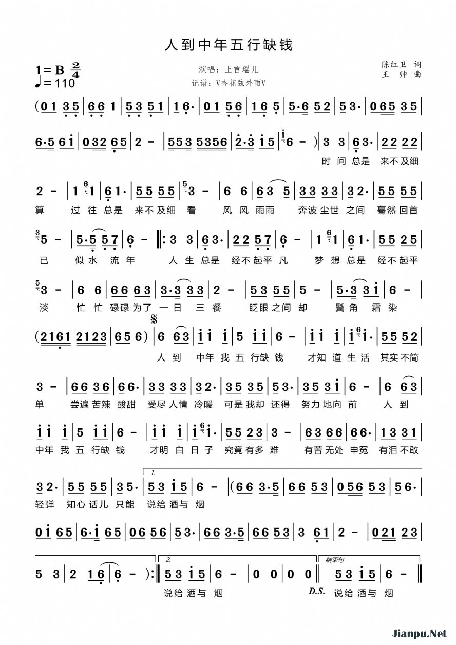 《人到中年五行缺钱》的简谱 上官瑶儿