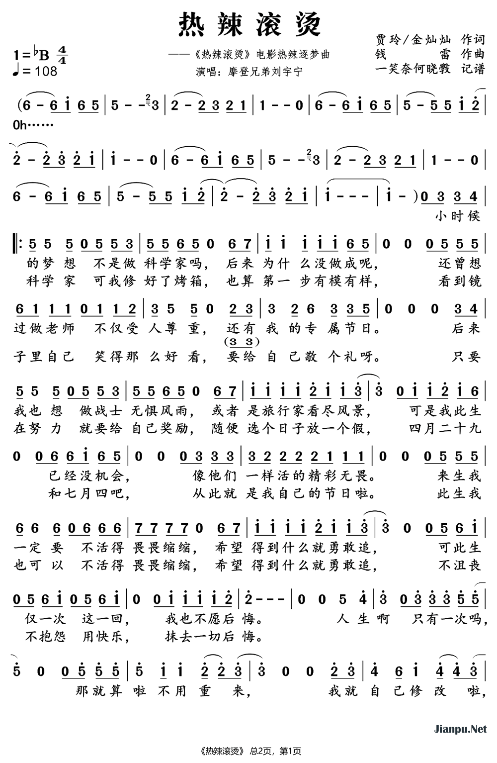 《热辣滚烫（《热辣滚烫》电影热辣逐梦曲）》的简谱 摩登兄弟刘宇宁 热辣滚烫