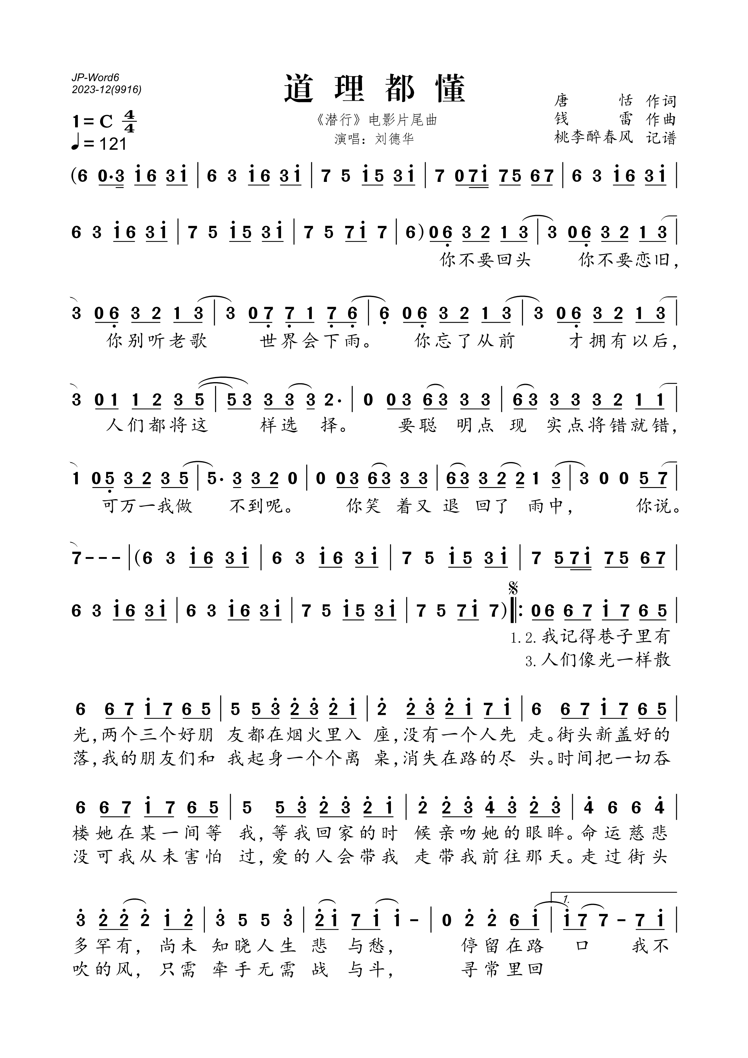 《道理都懂（《潜行》电影片尾曲）》的简谱 刘德华 