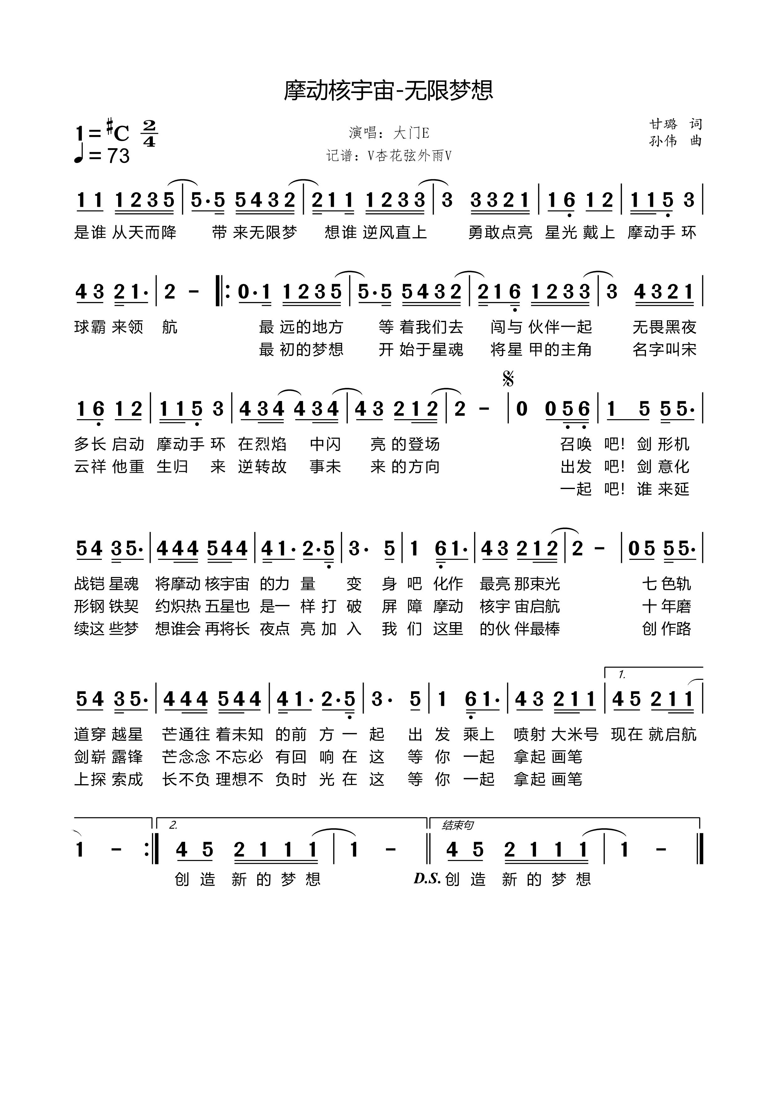 《摩动核宇宙-无限梦想》的简谱 大门E 