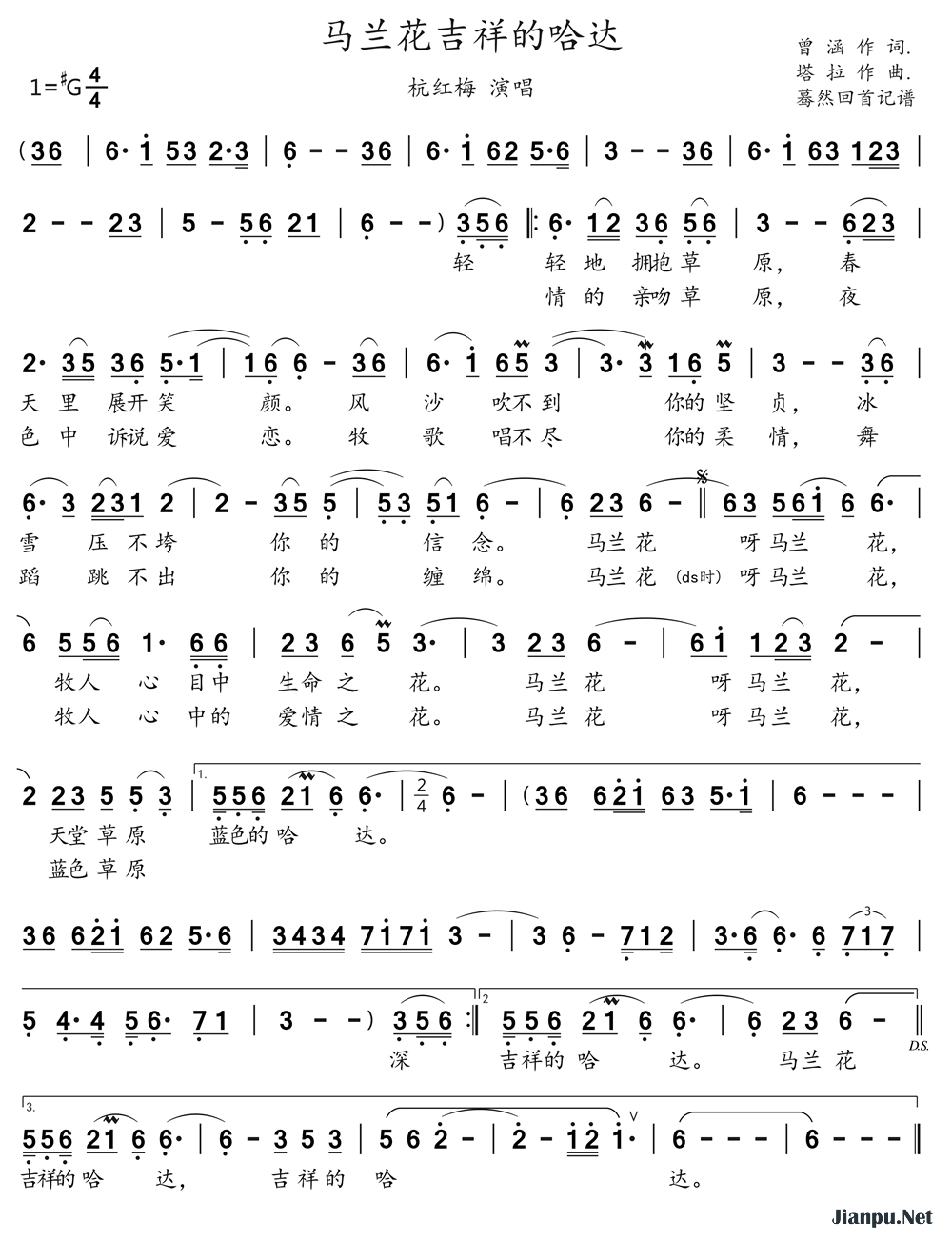 《马兰花吉祥的哈达》的简谱 杭红梅 
