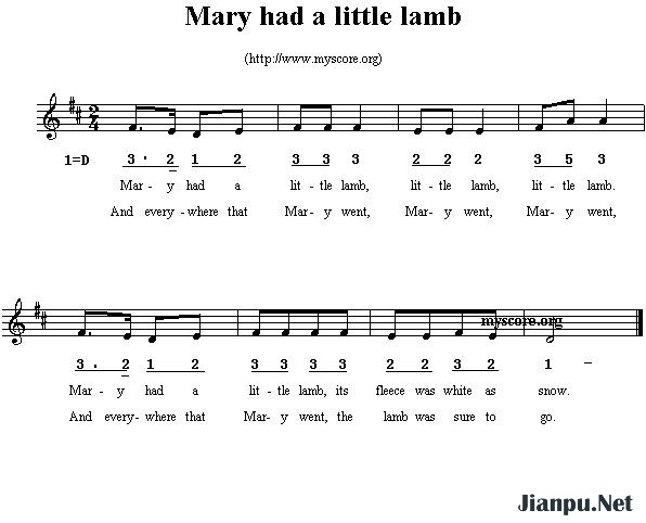 《mary had a little lamb》的简谱  