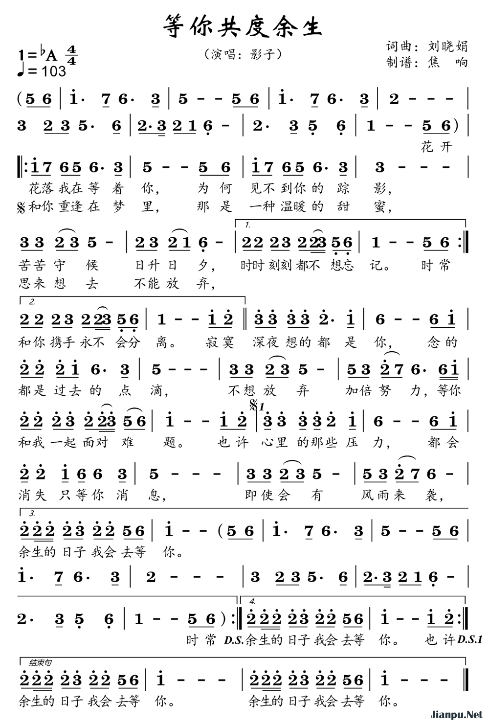 《等你共度余生》的简谱 影子 