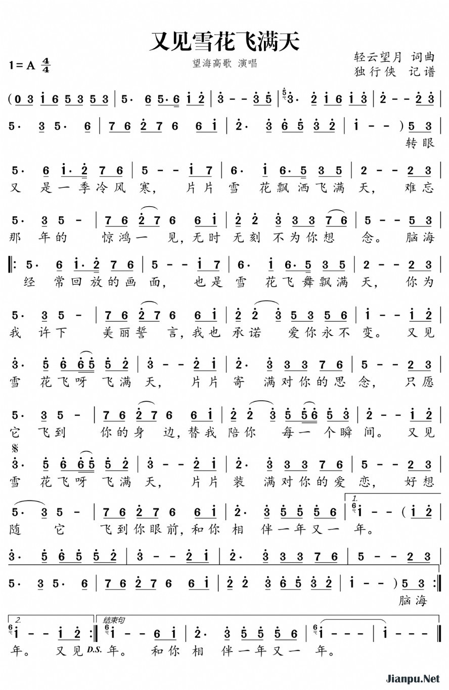《又见雪花飞满天》的简谱 望海高歌