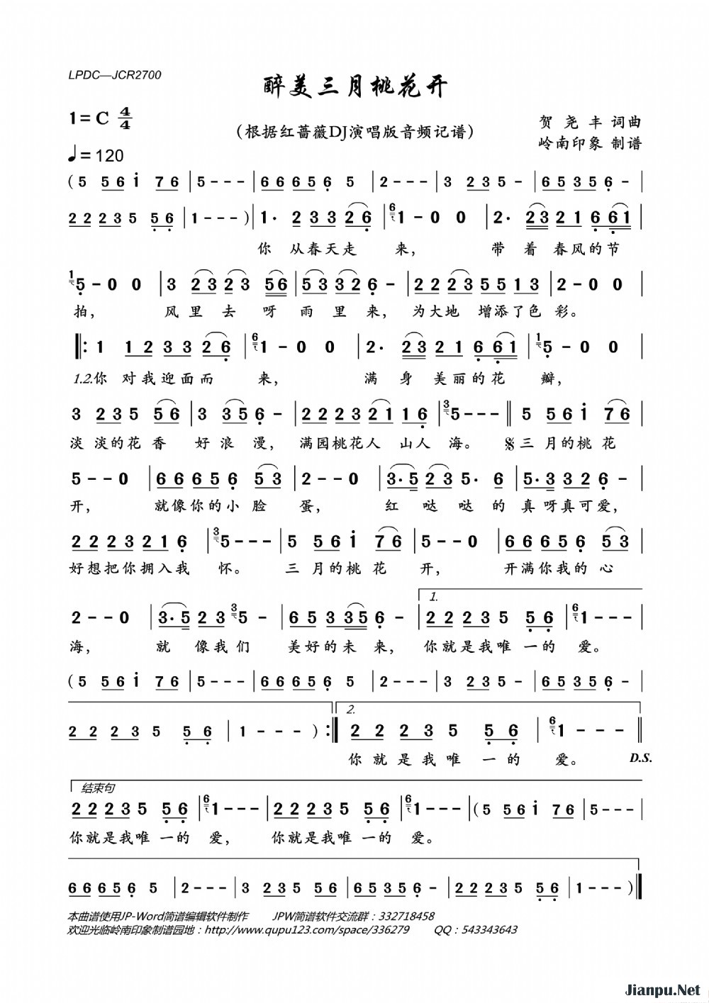 《醉美三月桃花开》的简谱 红蔷薇 