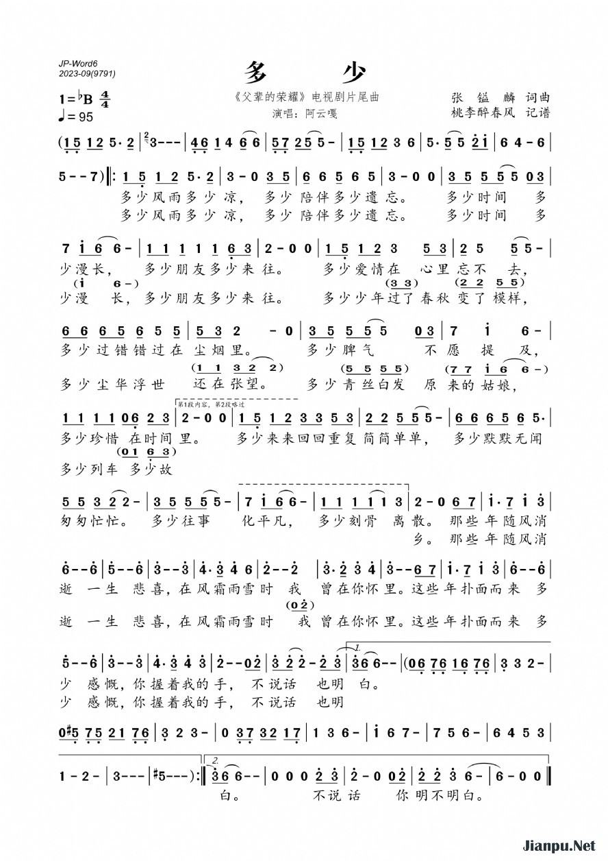 《多少（《父辈的荣耀》电视剧片尾曲）》的简谱 阿云嘎 父辈的荣耀