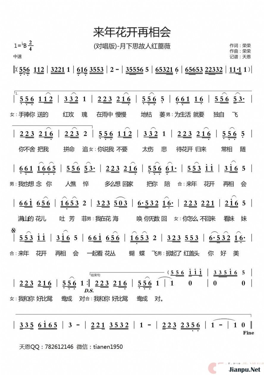 《来年花开再相会》的简谱 月下思故人/红蔷薇 