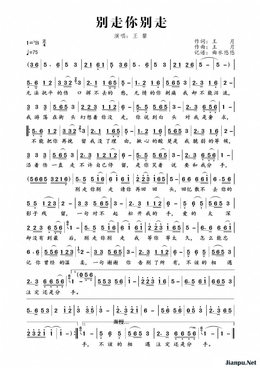 《别走你别走》的简谱 王馨