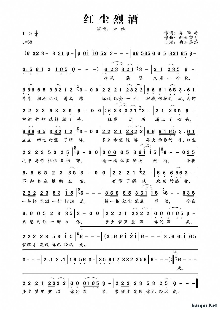 《红尘烈酒》的简谱 大姚 