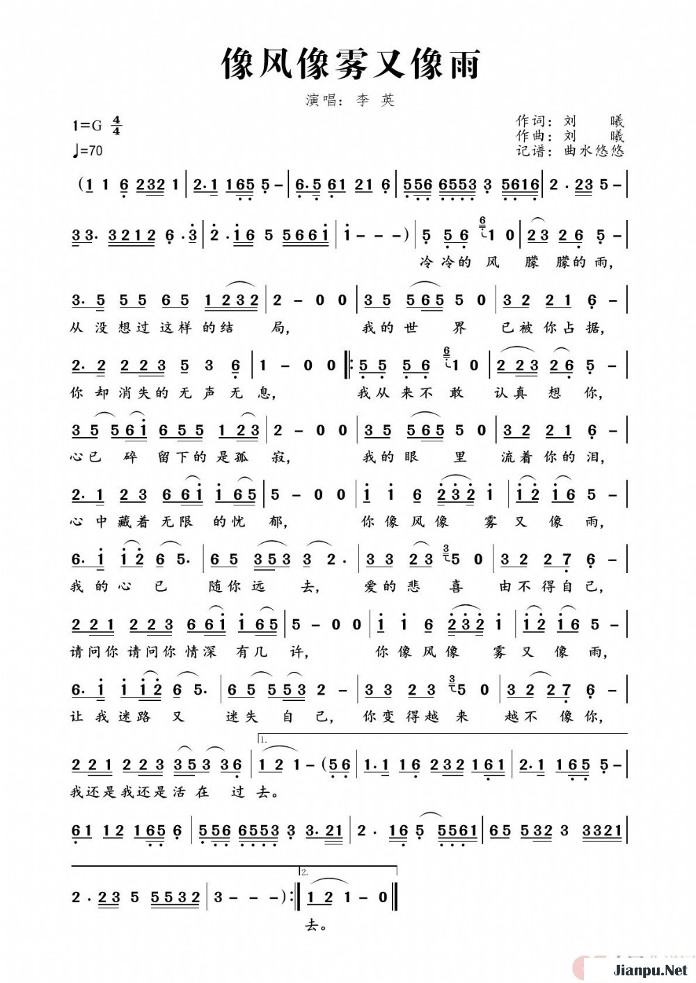 《像风像雾又像雨》的简谱 李英 