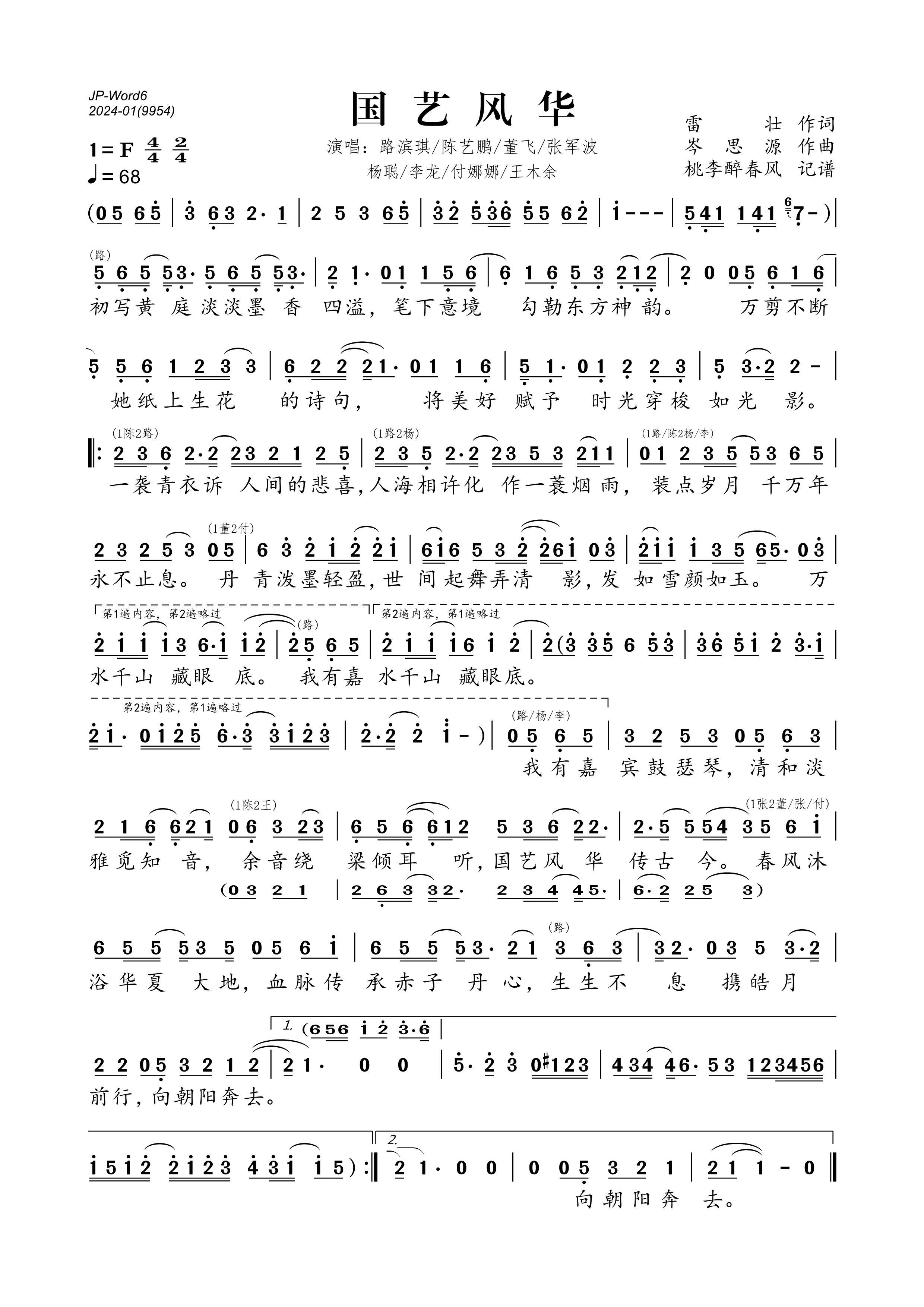 《国艺风华》的简谱 路滨琪/陈艺鹏 /董飞 /张军波 /杨聪 /李龙 /付娜娜 /王木余 