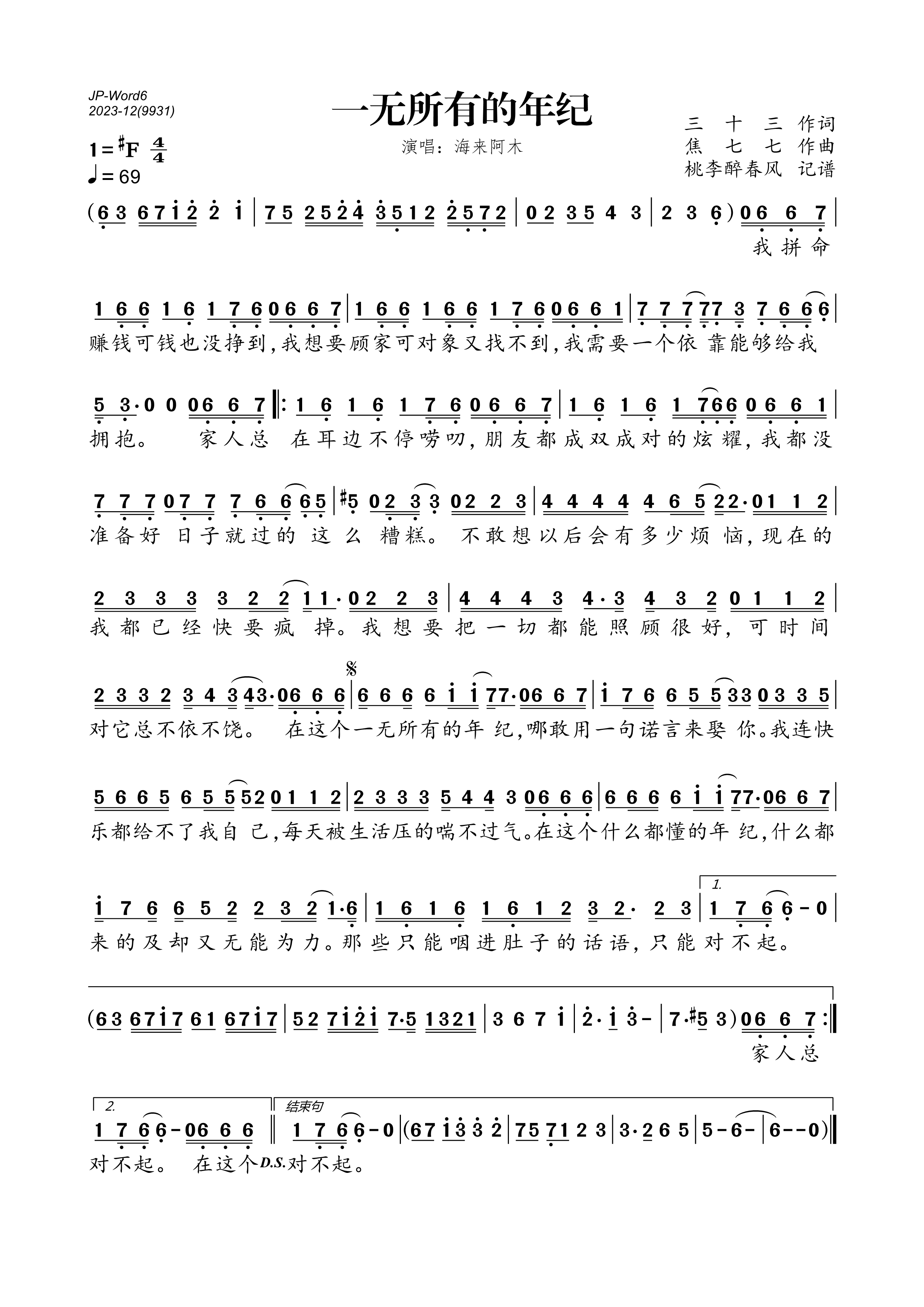 《一无所有的年纪》的简谱 海来阿木 