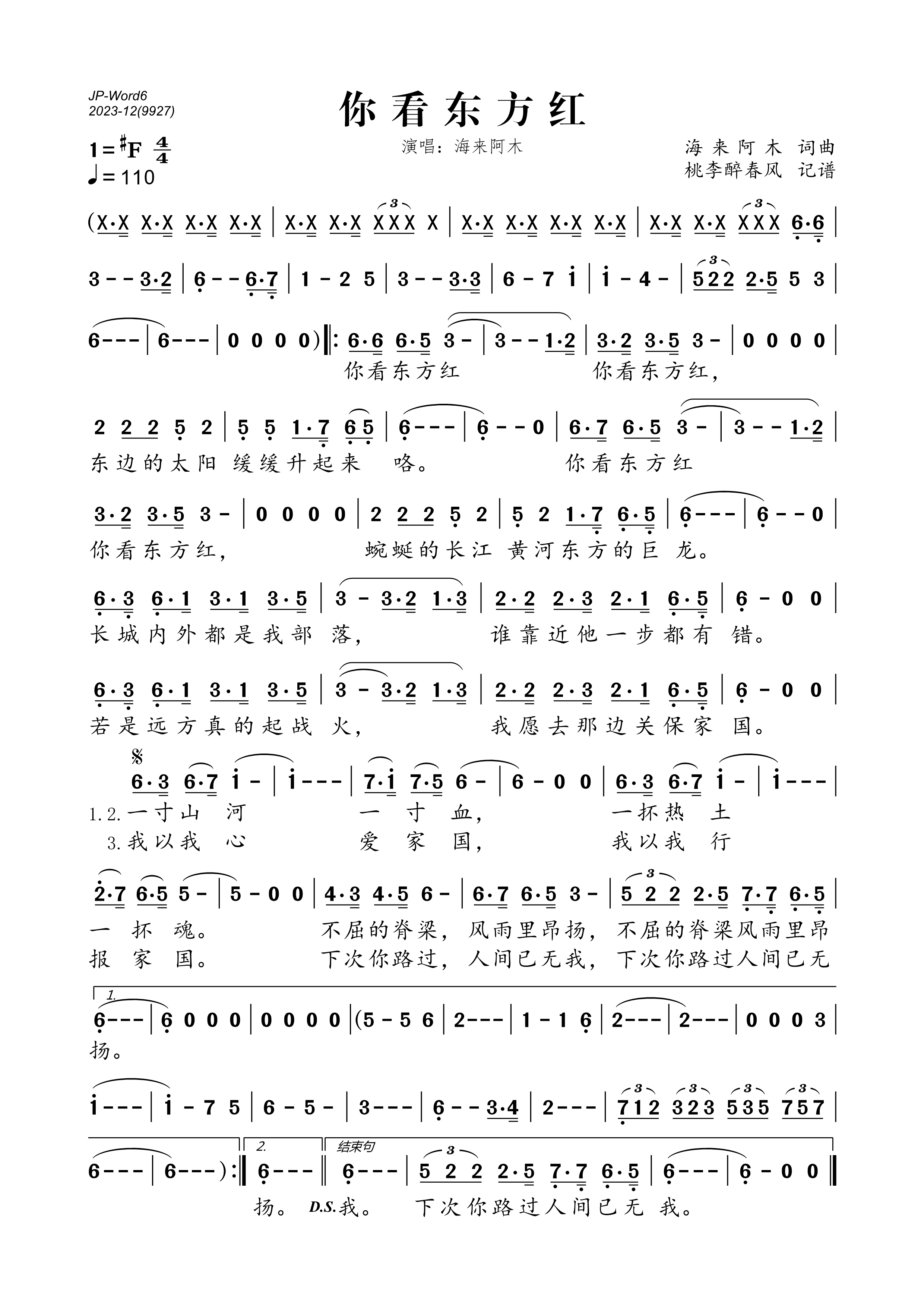 《你看东方红》的简谱 海来阿木 