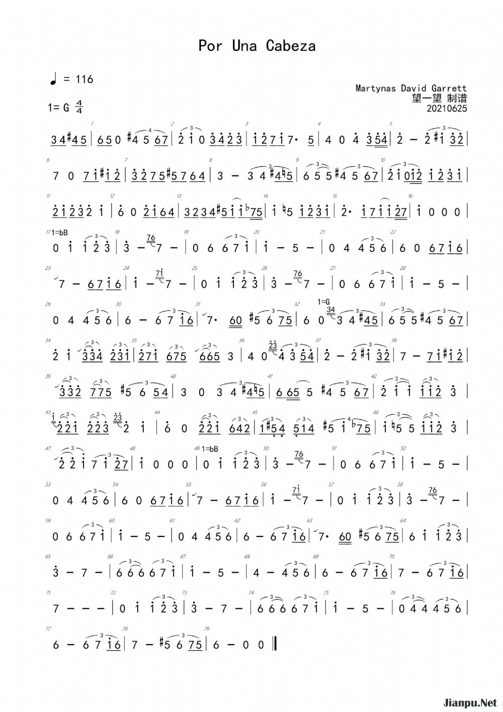 《por una cabeza 一步之遥 g → bb 首调的简谱》的简谱  