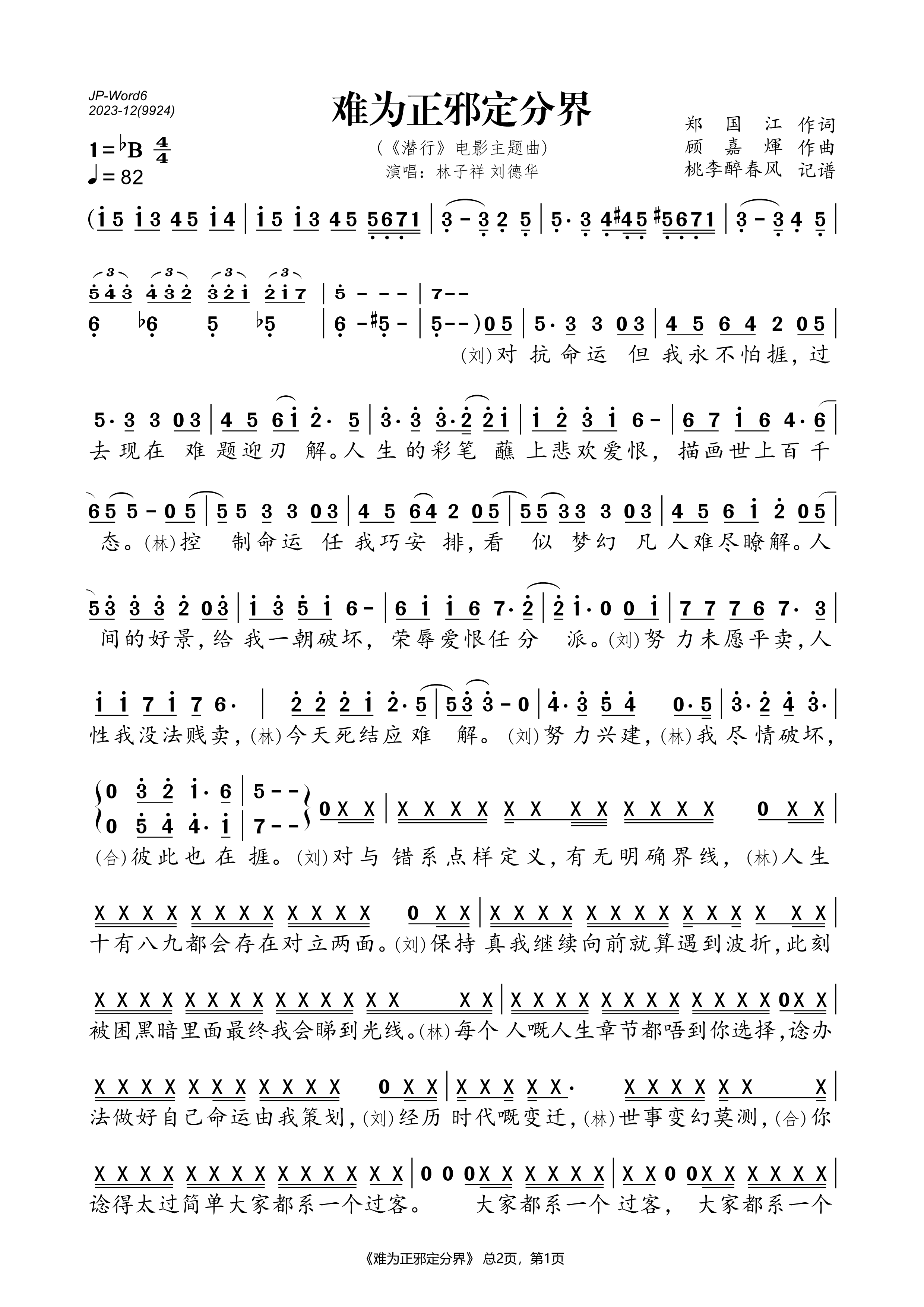 《难为正邪定分界（《潜行》电影主题曲）》的简谱 林子祥/刘德华 