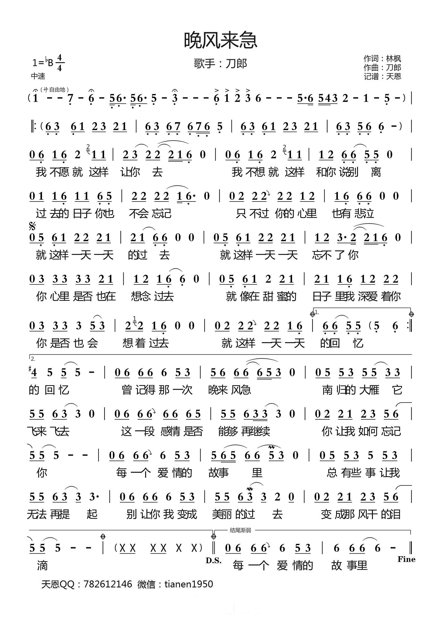 《晚风来急》的简谱 刀郎 