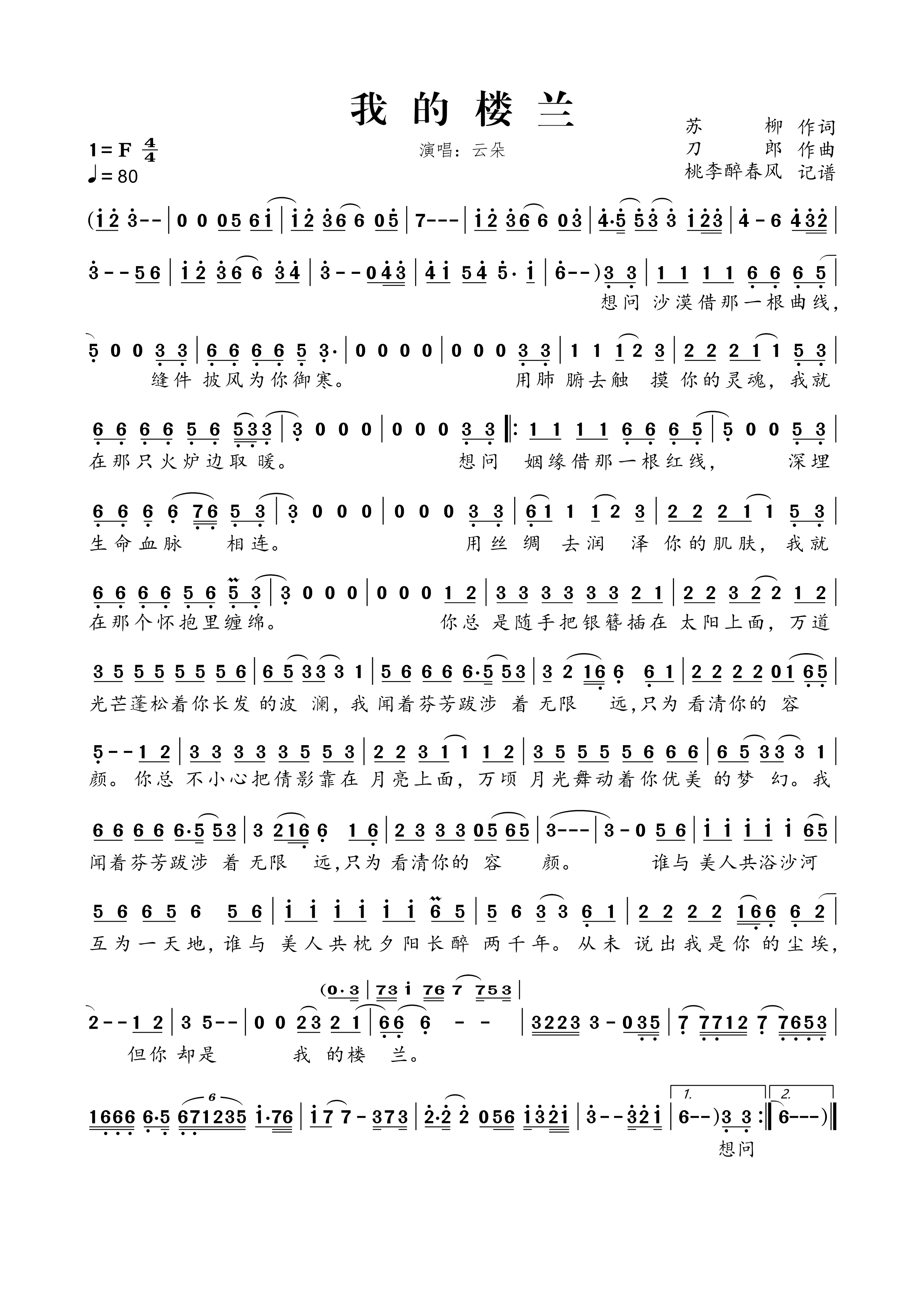 《我的楼兰》的简谱 云朵 