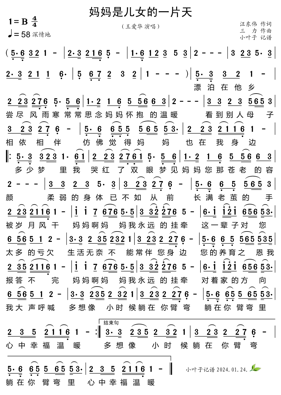 《妈妈是儿女的一片天》的简谱 王爱华 