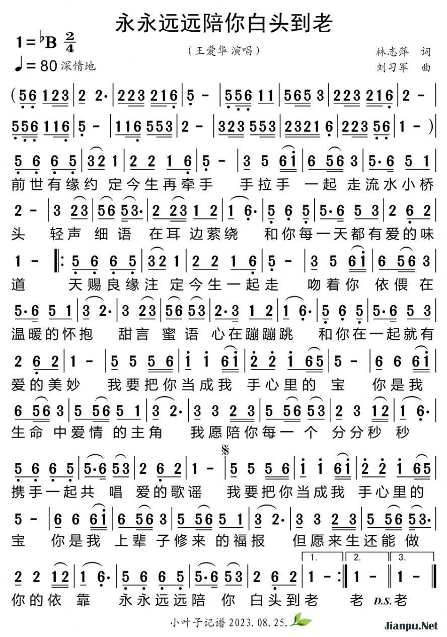 《永永远远陪你白头到老》的简谱 王爱华