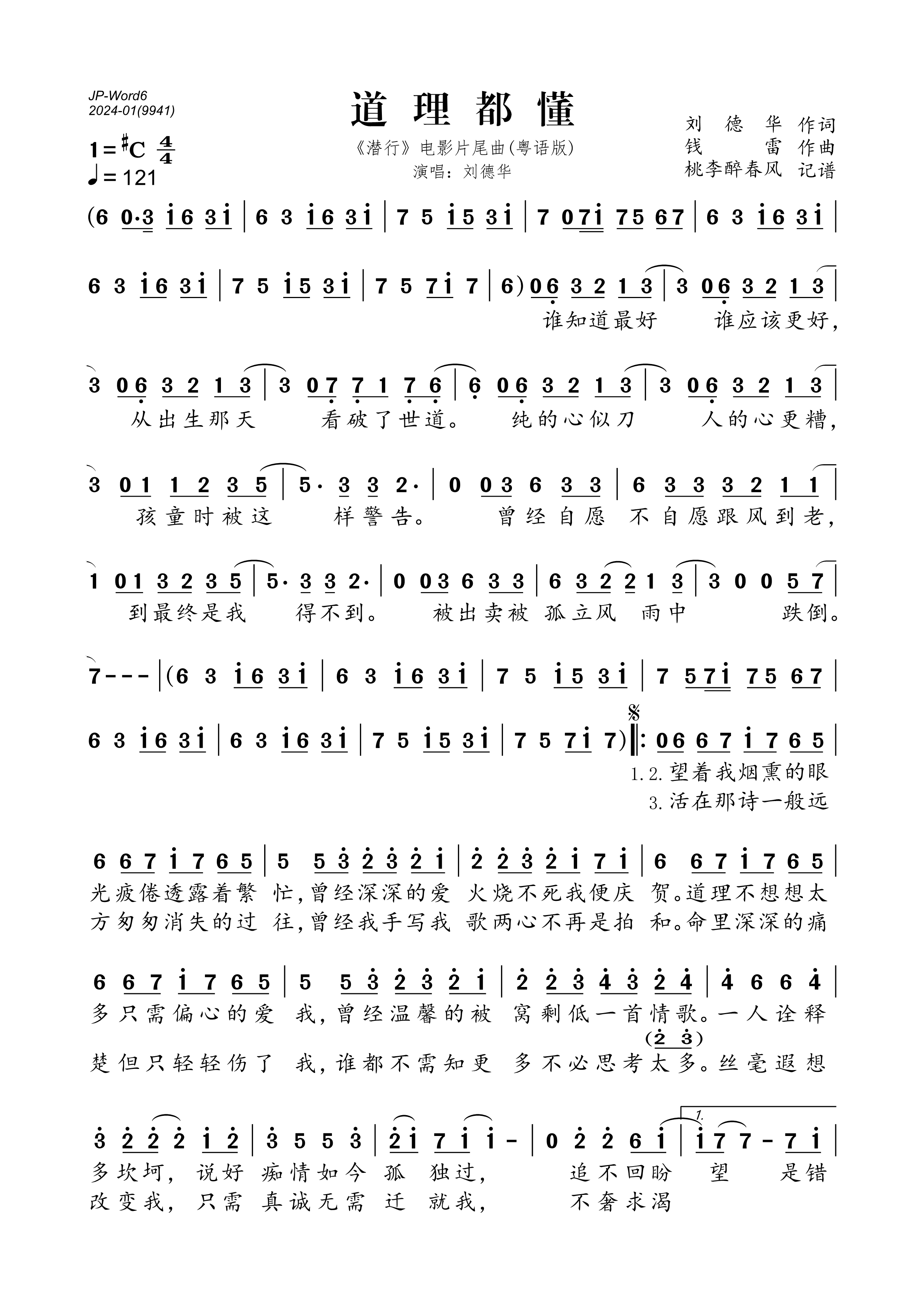 《道理都懂（《潜行》电影片尾曲粤语版）》的简谱 刘德华 