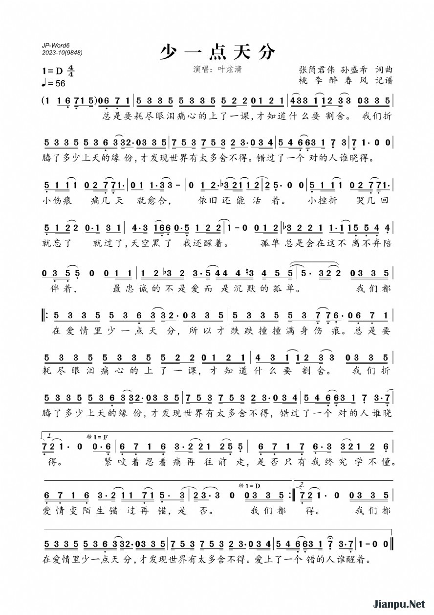 《少一点天分》的简谱 叶炫清 