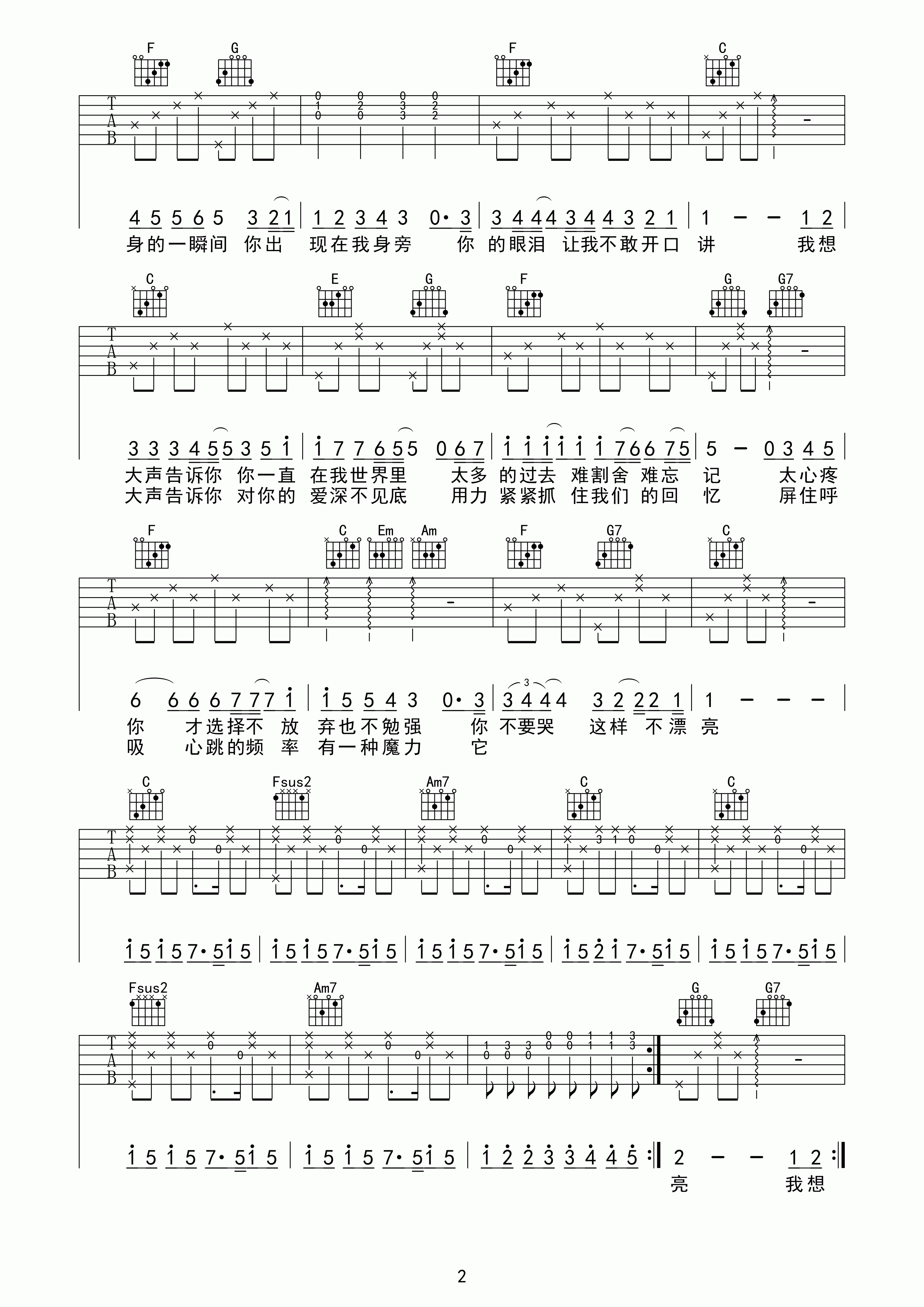 樊凡《我想大声告诉你》吉他谱 C调-棊江翼森琴行