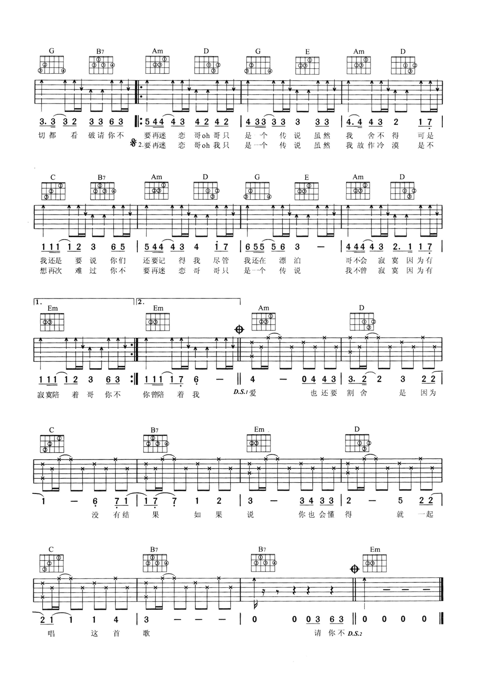 陈旭《哥只是个传说》吉他谱G调-网络转载