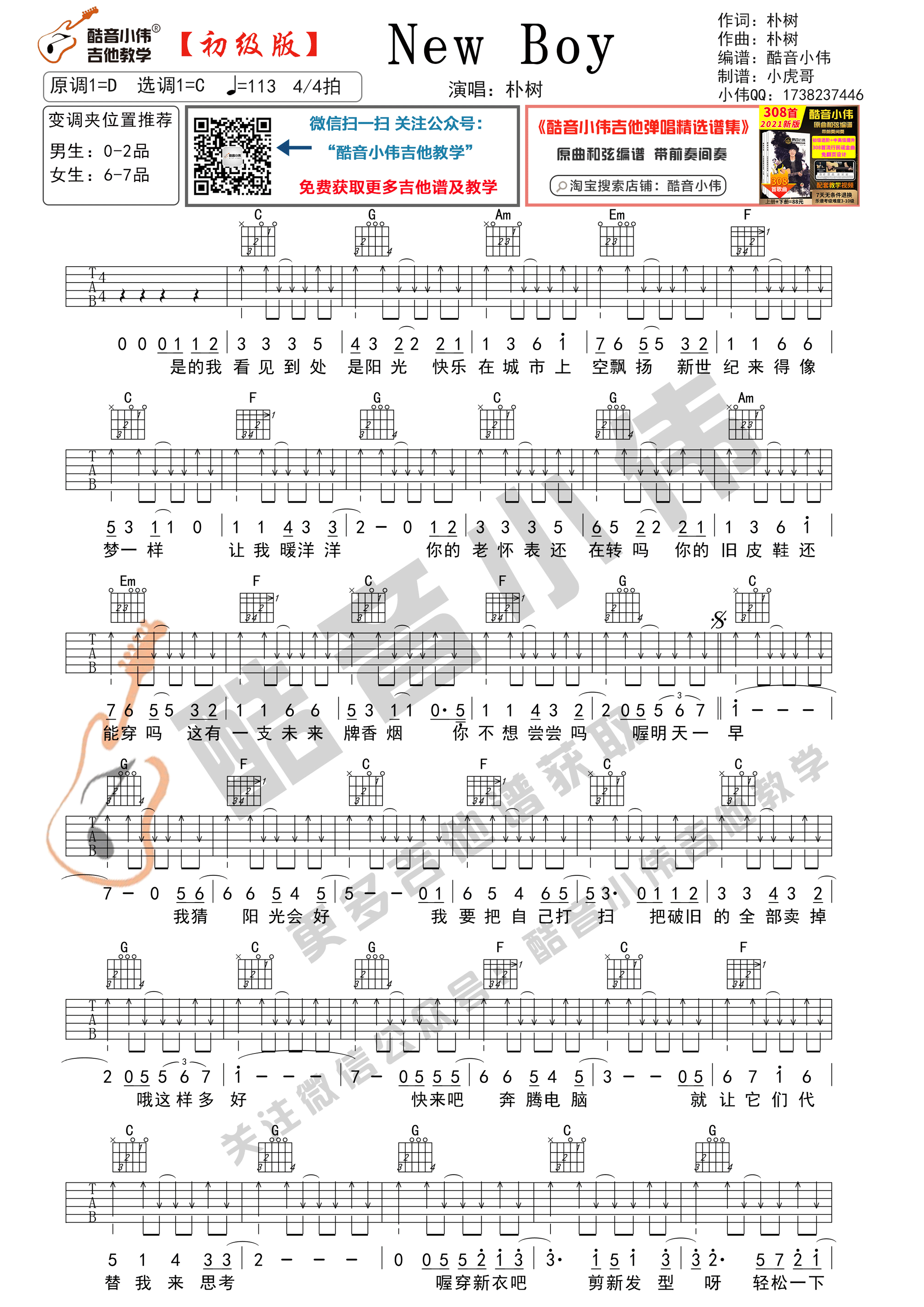 朴树《New boy》吉他谱 C调-酷音小伟